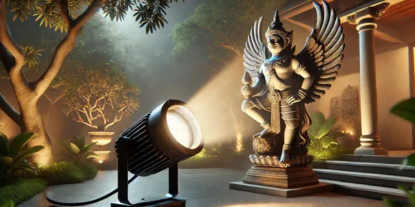 Lampu Sorot LED Fokus (Spotlight) pada Sebuah Taman yang Terdapat Patung Garuda