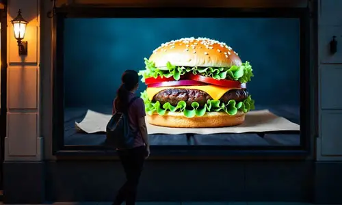 Commercial Monitor Display untuk Menarik Pelanggan Restoran Burger dengan Menampilkan Hamburger yang Terlihat Sangat Lezat