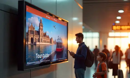 Penerapan LCD Monitor Berukuran Besar sebagai Commercial Monitor Display yang Canggih dan Modern untuk Menampilkan Iklan Penawaran Jasa Tour Guide Bagi Turis di Bandara