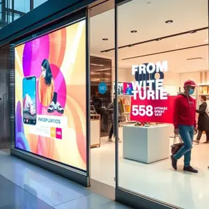 Videotron Transparan Tipe P4 indoor yang Digunakan untuk Curtain di Sebuah Toko Mall