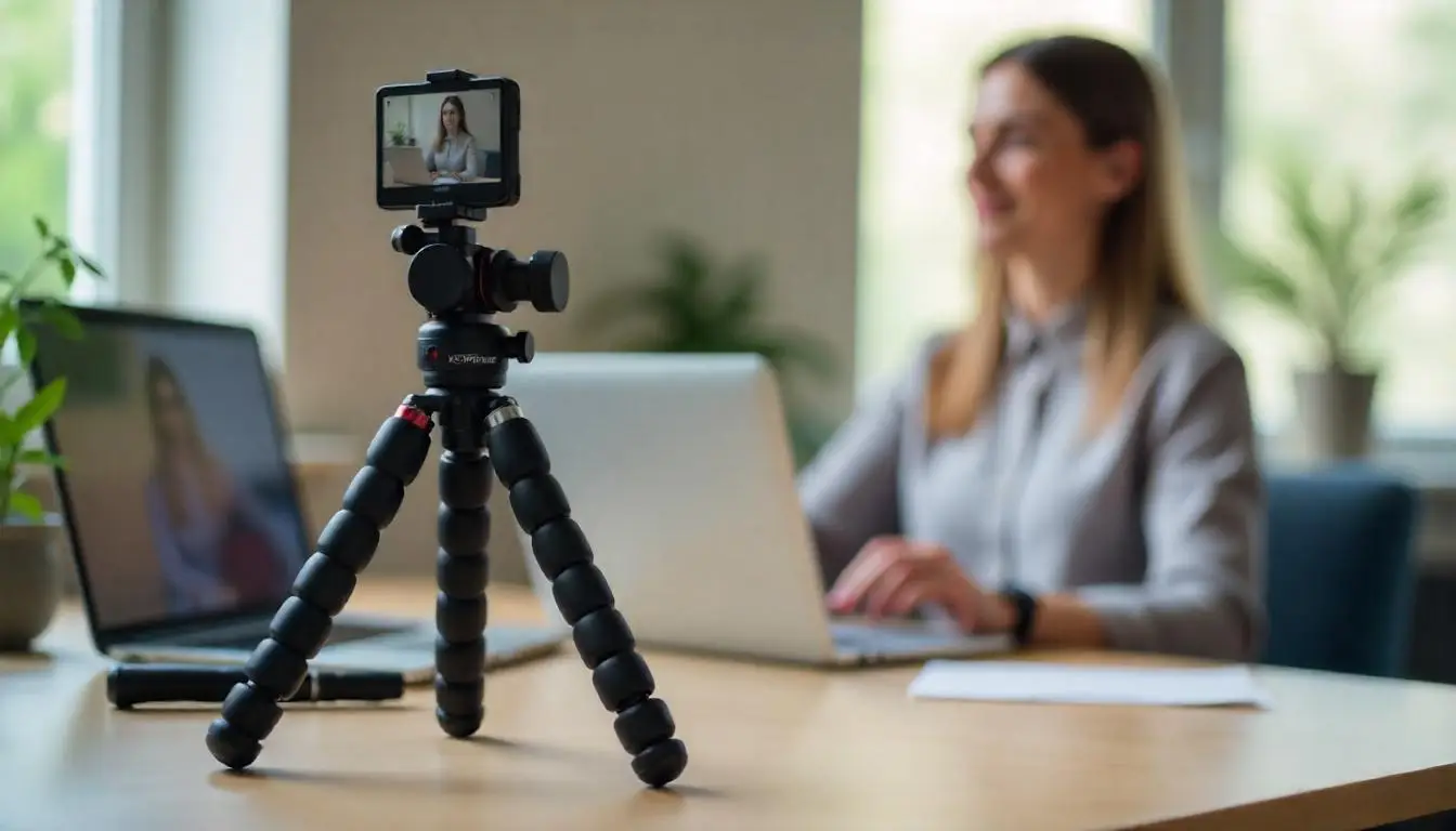 Penggunaan Tripod Kamera Berukuran Kecil untuk Stand Kamera di Meja saat Acara Webinar Sedang Dilakukan